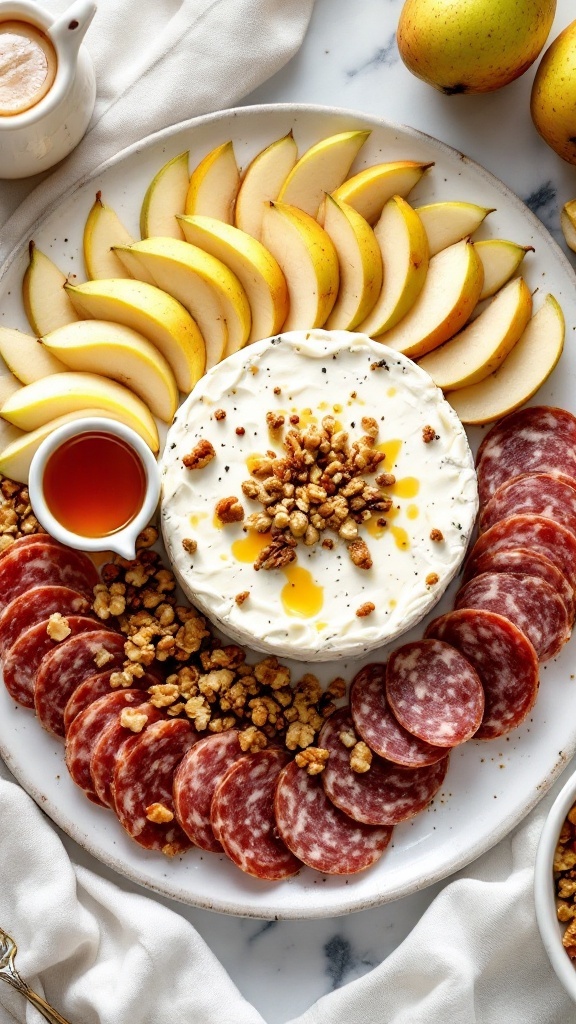 A fall charcuterie board featuring slices of pear, walnut-crusted goat cheese, honey, and spiced salamis.