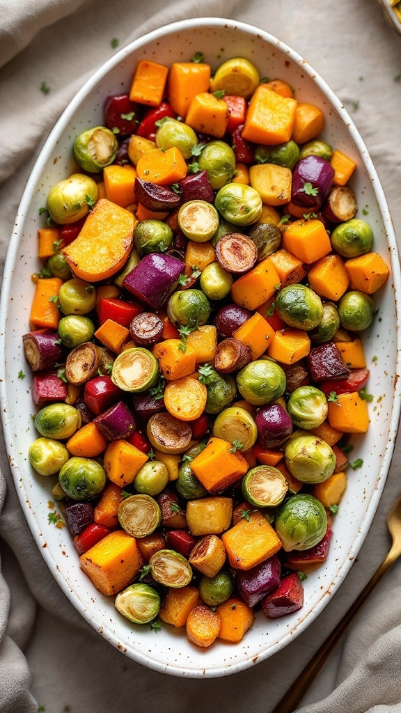 A colorful medley of roasted vegetables including butternut squash, Brussels sprouts, and cranberries.