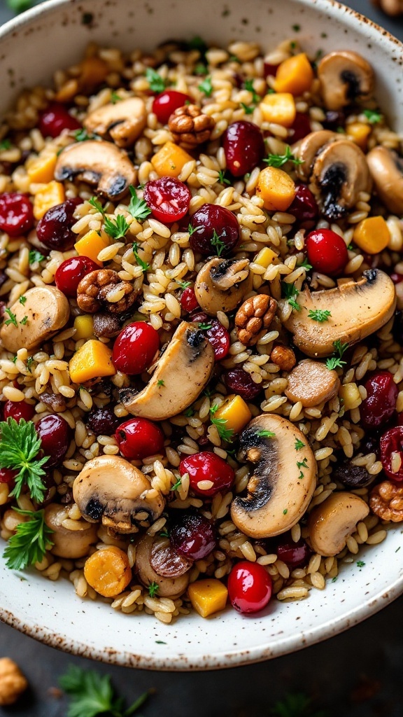 A delicious Harvest Wild Rice Bowl filled with roasted mushrooms, cranberries, and nuts.