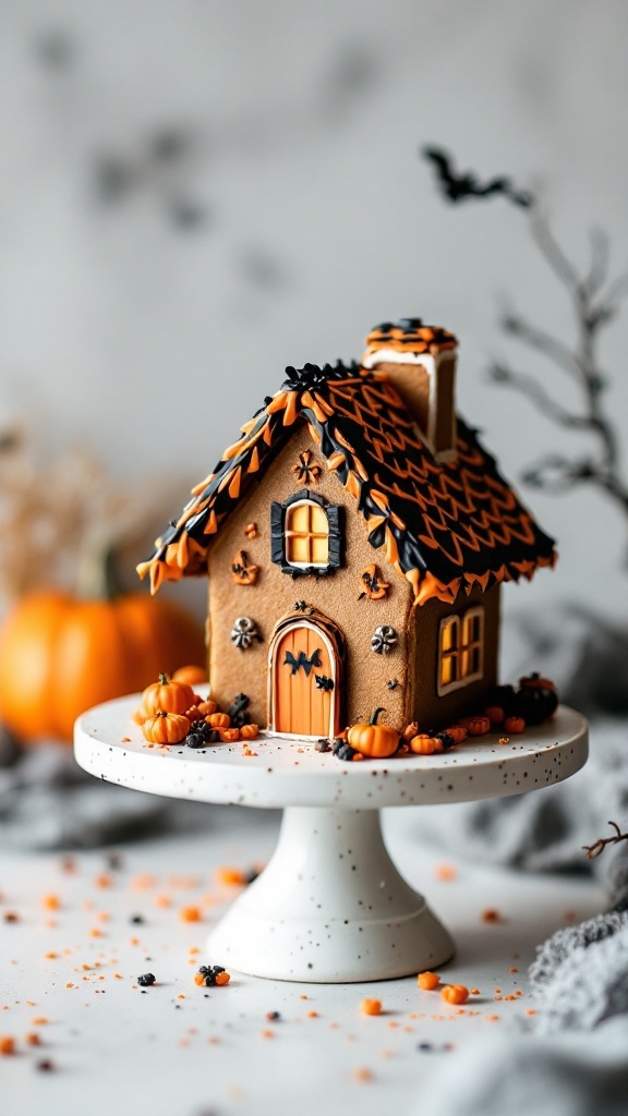 A spooky and colorful haunted cookie house decorated with icing and candy.