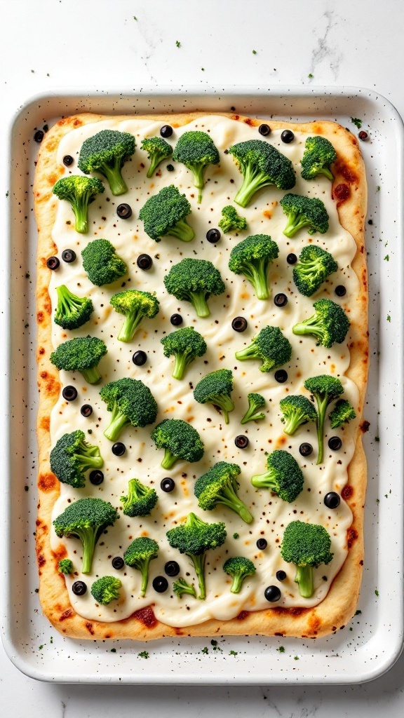 A spooky Halloween-themed pizza topped with broccoli and olives.