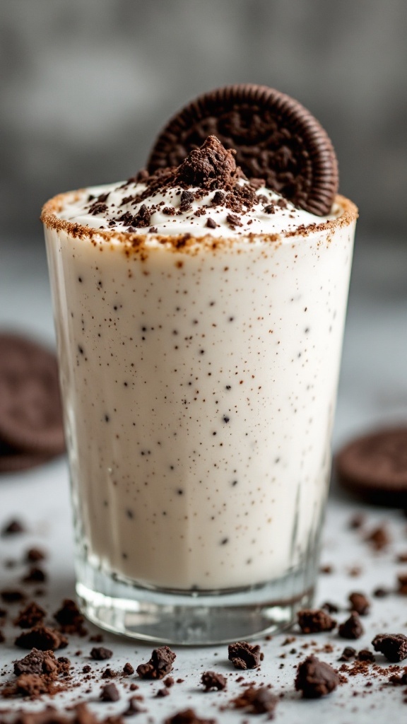 A delicious Halloween cocktail topped with crushed Oreos and a whole Oreo on the rim.