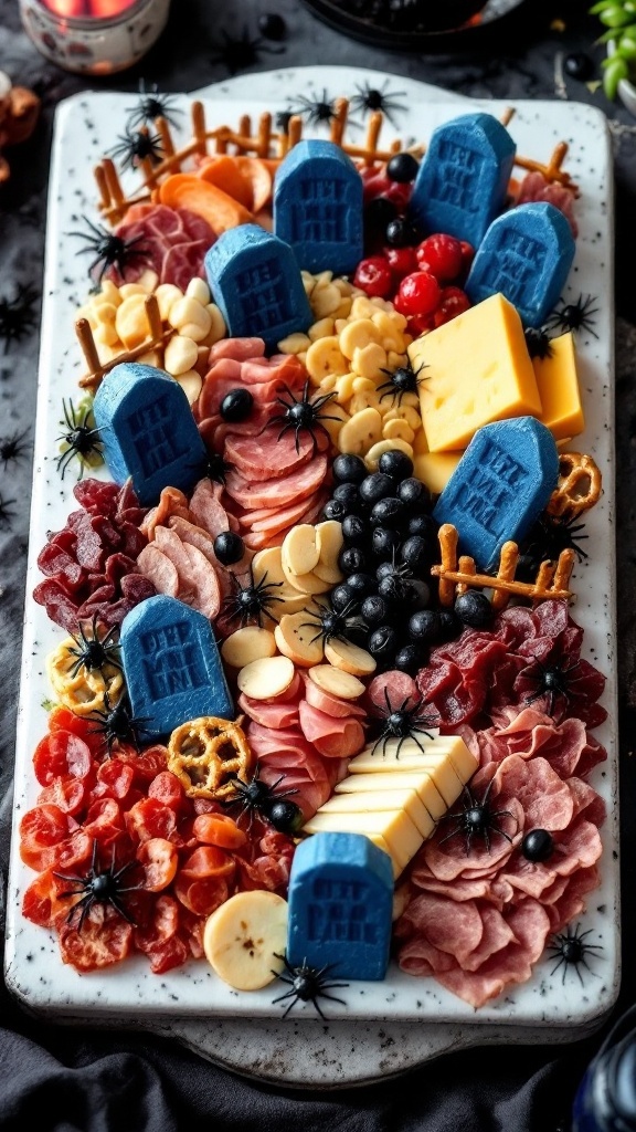 Halloween themed charcuterie board with meats, cheeses, and spooky decorations.