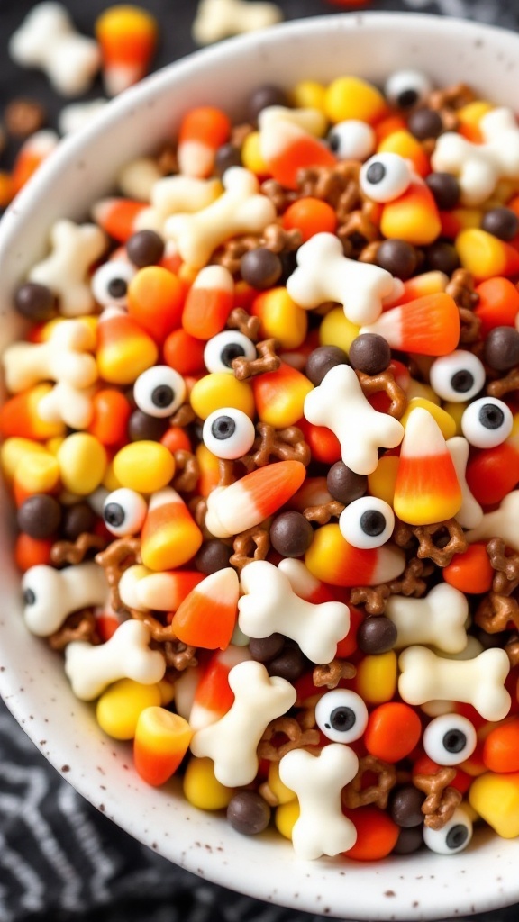 A colorful mix of candy corn, pretzels, and candy eyes for Halloween snacks.