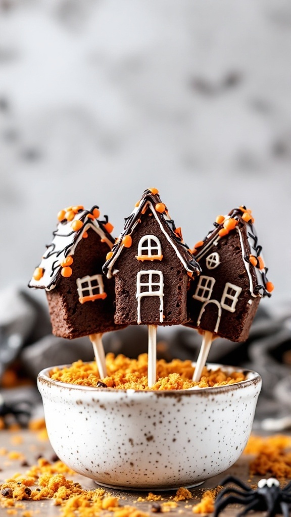 Haunted House Brownie Pops, decorated brownie treats on sticks.