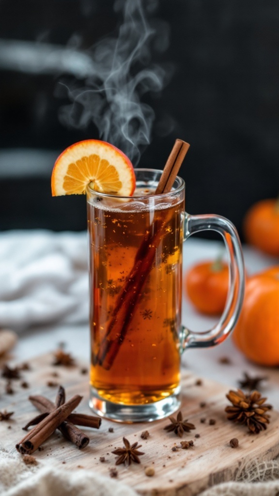 A warm cup of apple cider with spices, perfect for autumn.