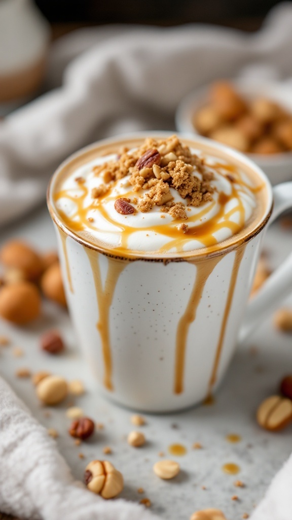 A delicious hazelnut praline latte topped with whipped cream and caramel drizzle.