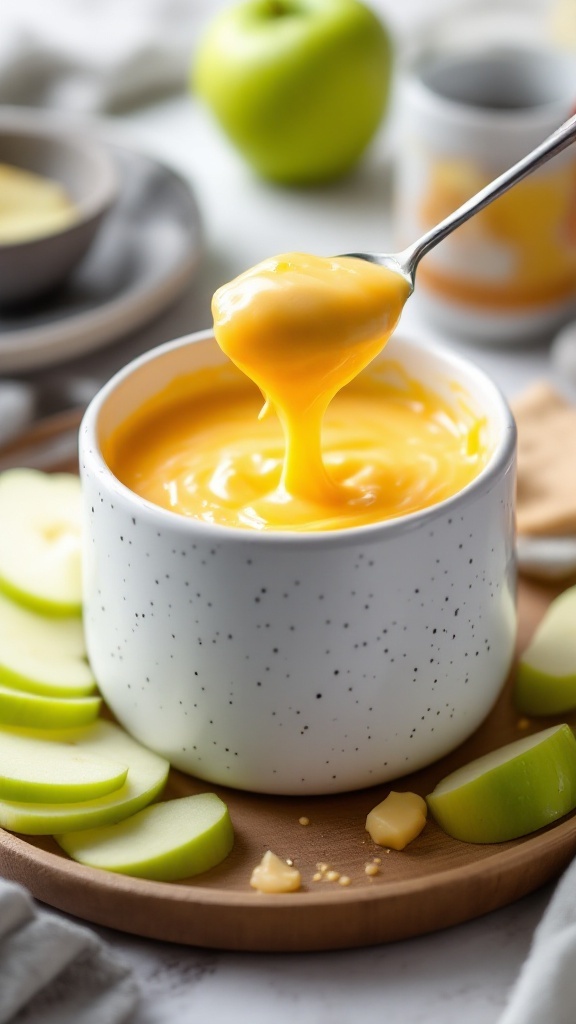 A bowl of hot mulled cider fondue with sliced Granny Smith apples for dipping.