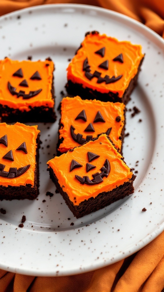 Brownies decorated with orange frosting and Jack-O'-Lantern faces