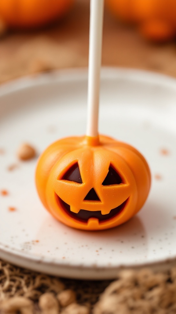 Jack-O'-Lantern cake pops, orange with carved faces for Halloween.