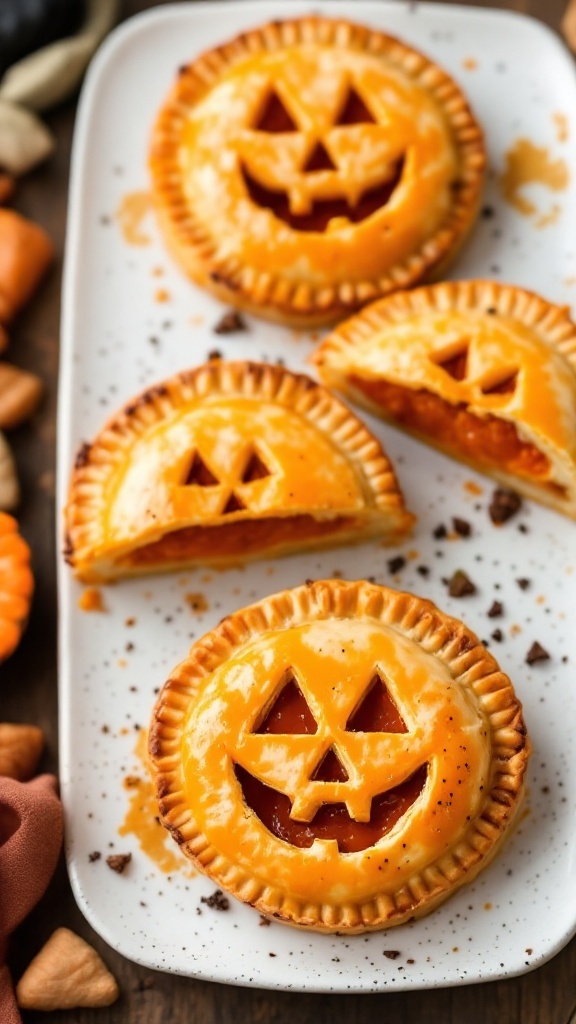 Deliciously shaped jack-o'-lantern hand pies ready to enjoy.