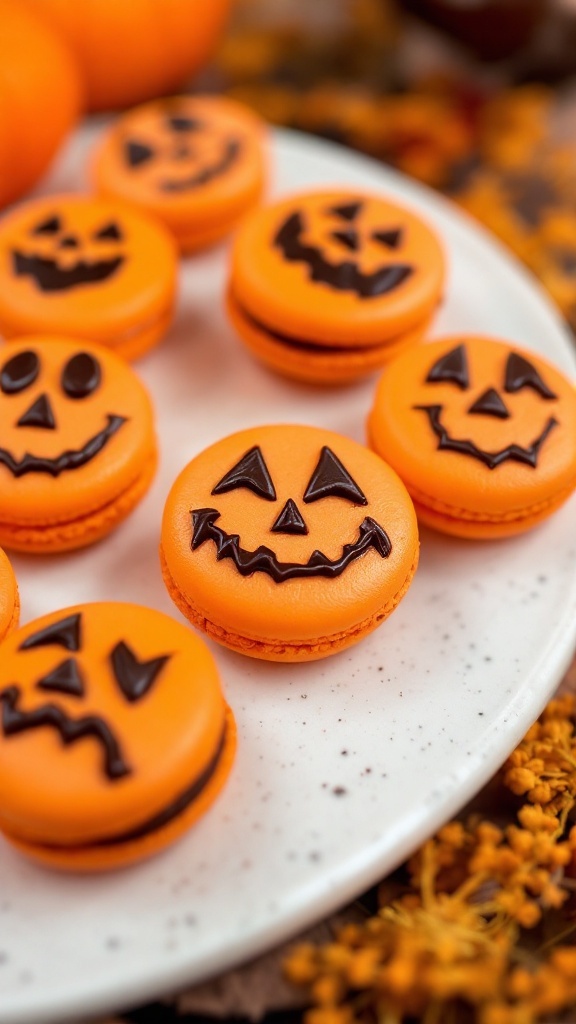 Jack-O'-Lantern Macarons with orange shells and chocolate faces