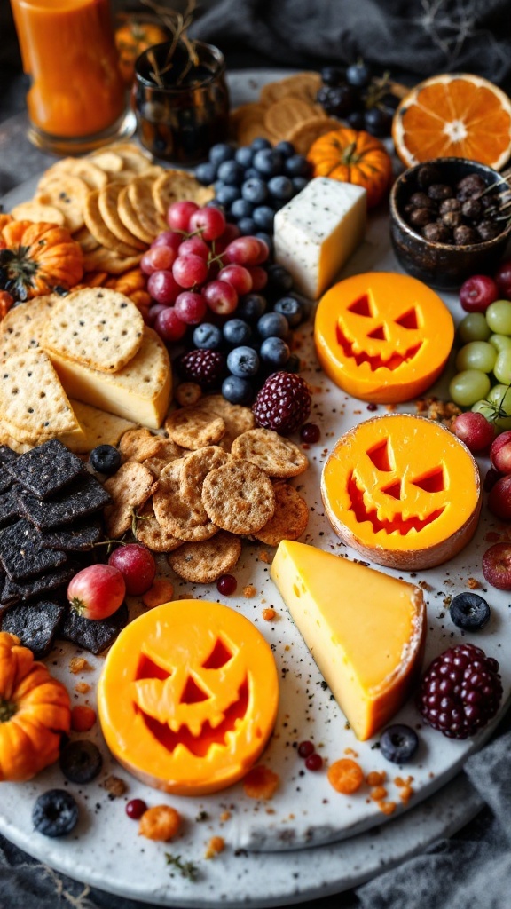 Halloween charcuterie board featuring a jack-o'-lantern theme with cheese, crackers, fruits, and spooky snacks.