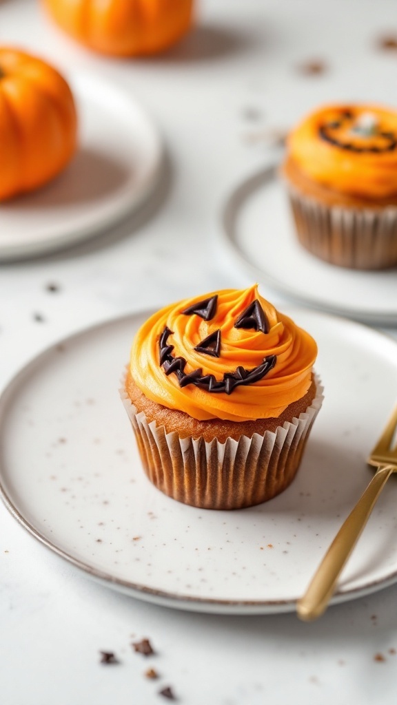 Jack-O'-Lantern Pumpkin Cupcakes with orange frosting and chocolate decorations