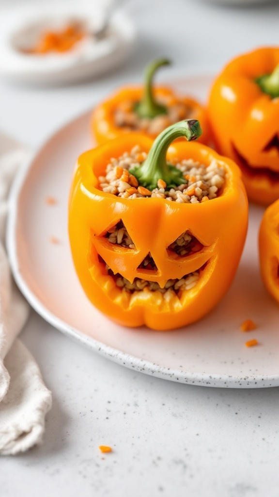 Jack-O'-Lantern Stuffed Bell Peppers ready to be served