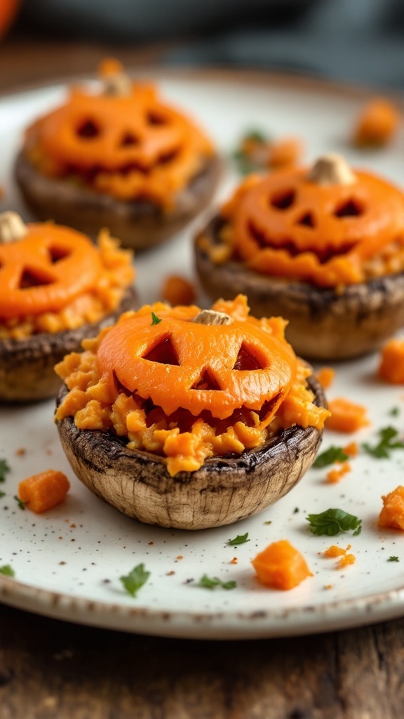 Jack-O'-Lantern Stuffed Mushrooms ready for Halloween celebration