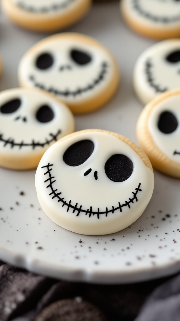Decorated Oreo cookies resembling Jack Skellington from The Nightmare Before Christmas