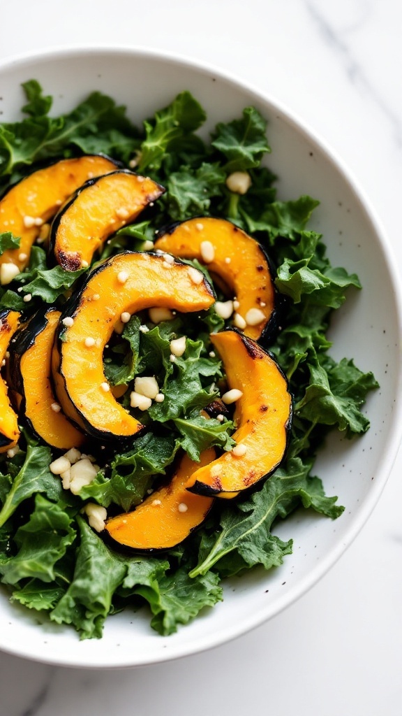 Kale and delicata squash salad served in a bowl.
