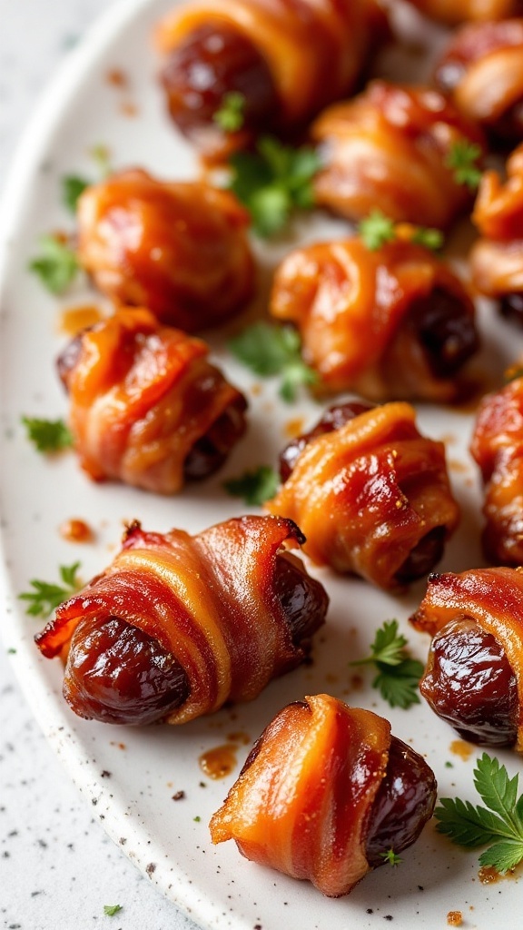 Delicious maple-bacon wrapped dates on a serving platter