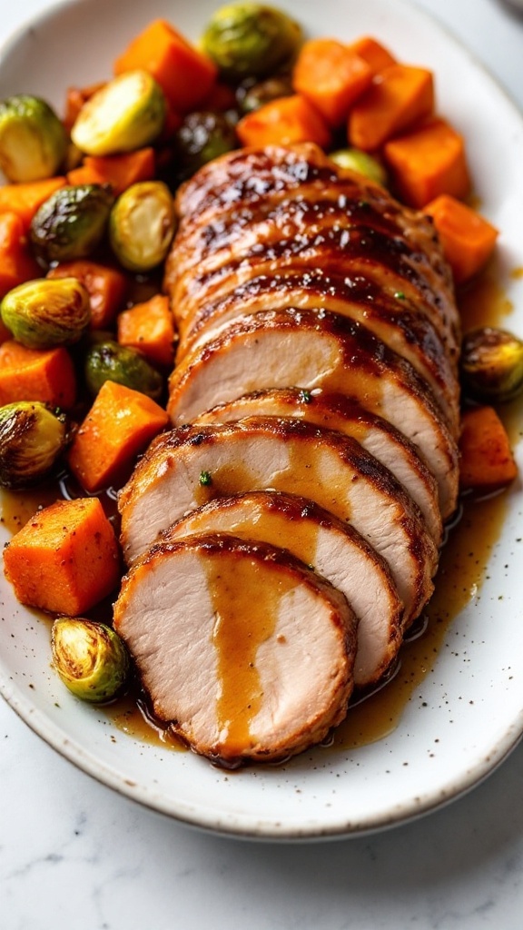 Maple-glazed pork tenderloin with roasted Brussels sprouts and sweet potatoes on a platter.