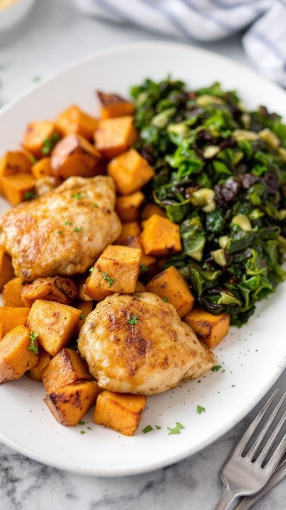 Maple-mustard glazed chicken with roasted sweet potatoes and collard greens on a plate.