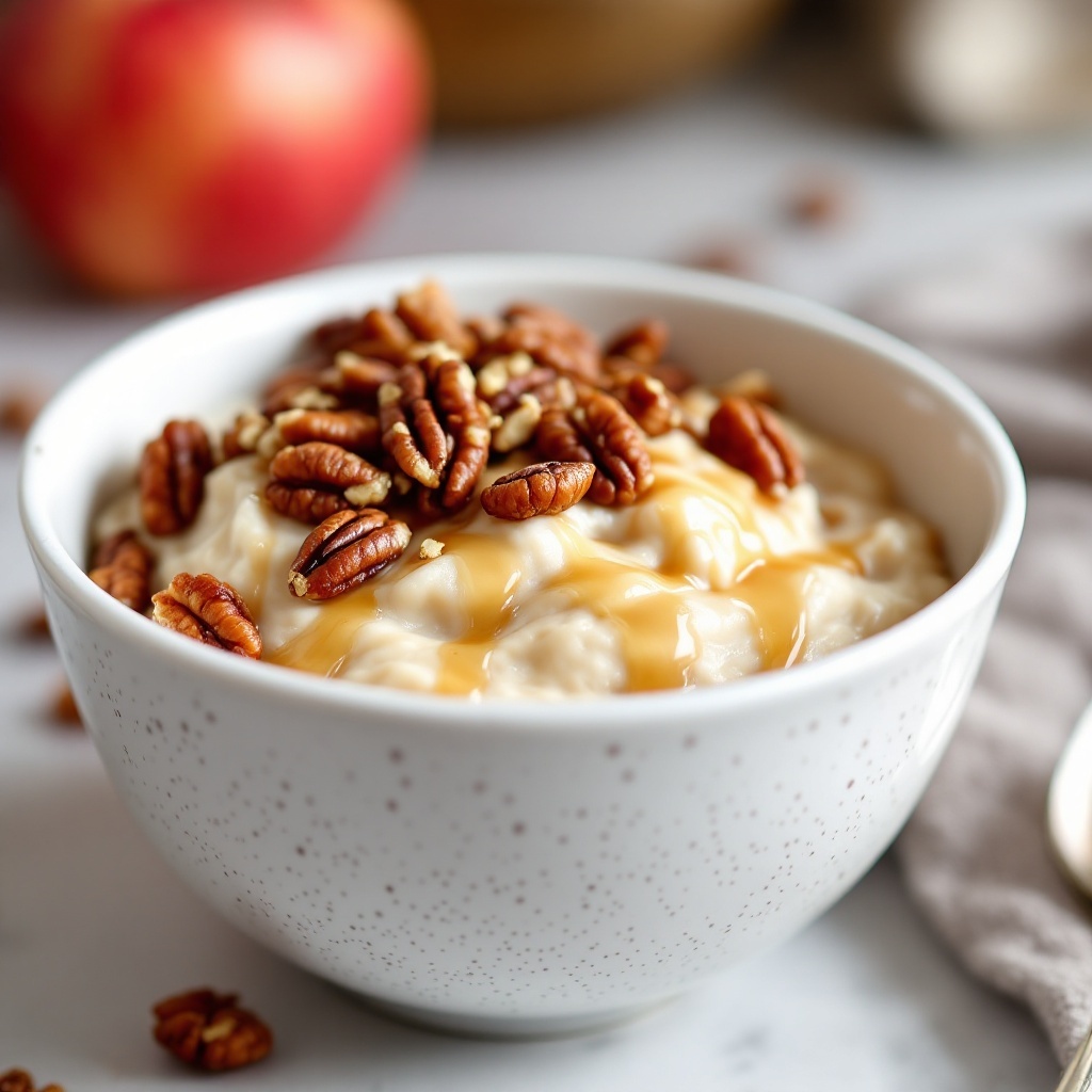 A bowl of maple-pecan overnight oats topped with pecans and maple syrup.