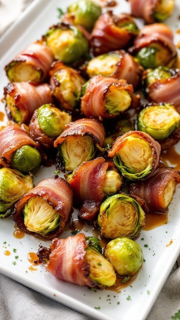 Maple bacon-wrapped Brussels sprouts on a serving platter