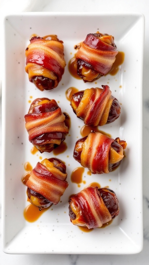 Maple Bourbon Bacon-Wrapped Dates served on a white platter
