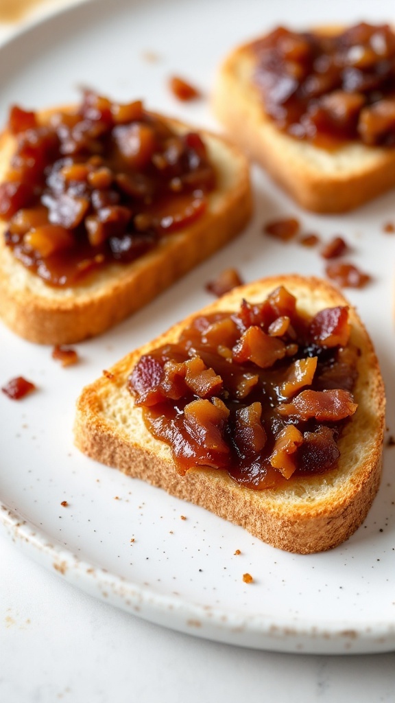 Maple Bourbon Bacon Jam spread on toasted bread with a crispy texture.