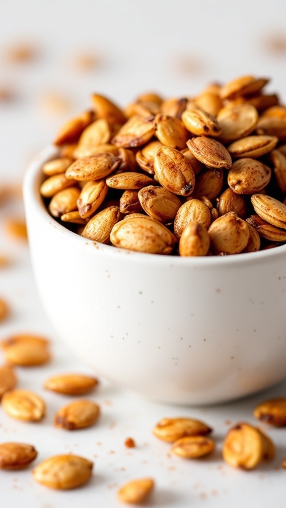Maple cinnamon roasted pumpkin seeds in a white bowl with scattered seeds around it.