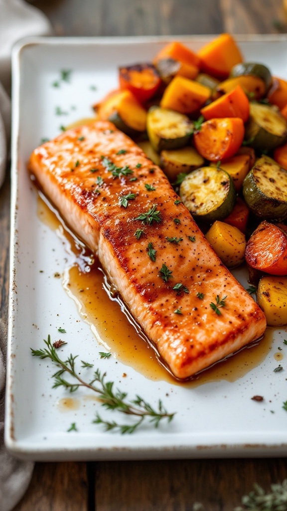 Maple Dijon Salmon with roasted fall vegetables on a white plate.
