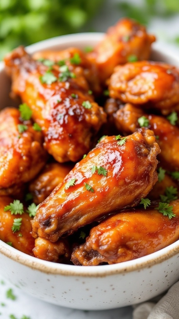 Maple glazed chicken wings in a bowl, garnished with parsley.