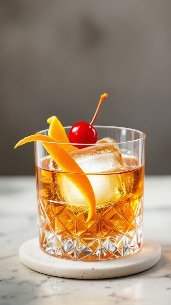 A delicious Maple Old Fashioned cocktail garnished with orange peel and cherry.