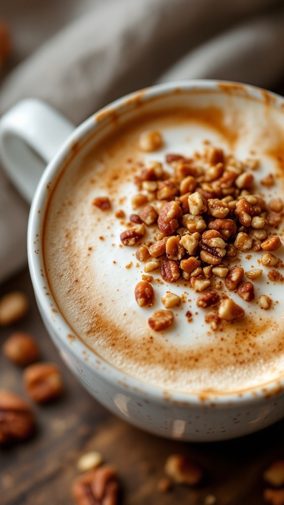 A cup of Maple Pecan Cappuccino topped with chopped pecans.