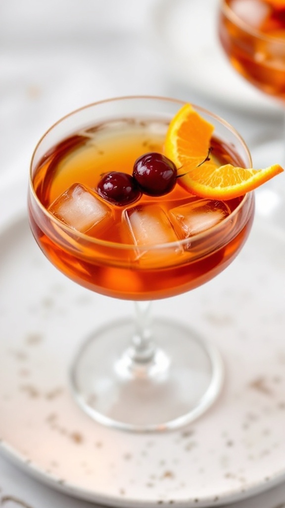 Maple Pecan Manhattan cocktail garnished with pecans and an orange slice