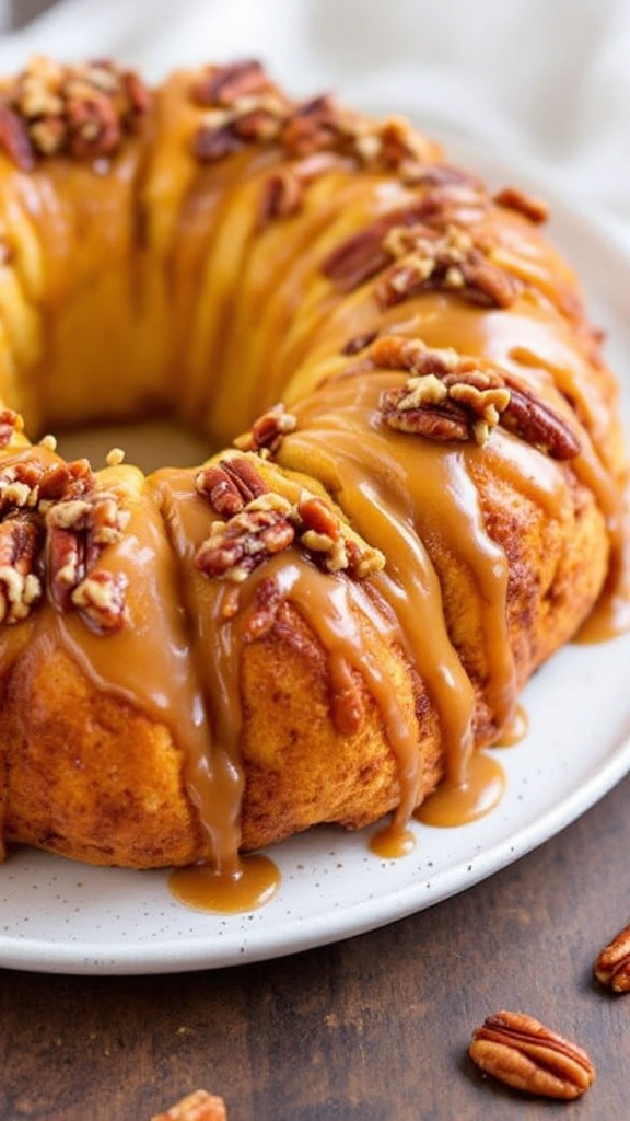 Maple Pecan Pull-Apart Bread with glaze and pecans on top.