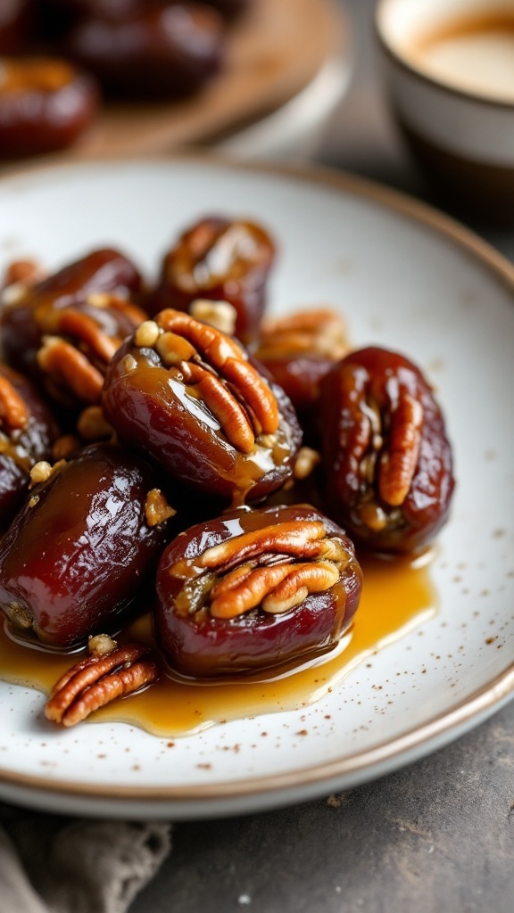A plate of maple pecan stuffed dates drizzled with syrup.