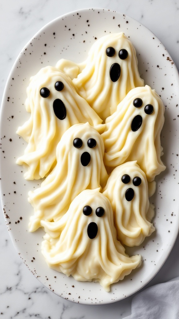 A plate of mashed potato ghosts shaped like spooky figures, with black olive eyes.