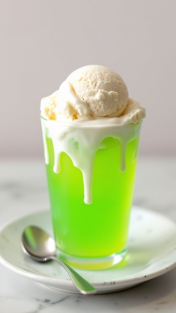 A refreshing green lemonade topped with vanilla ice cream for a spooky Halloween drink.