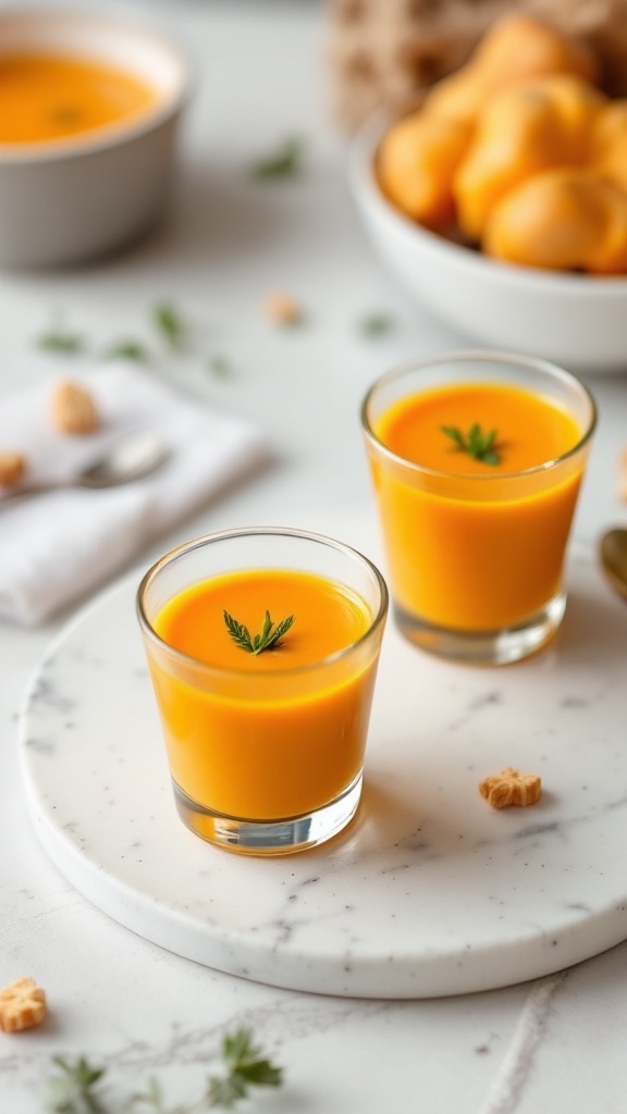 Mini butternut squash soup shooters in small glasses, garnished with herbs