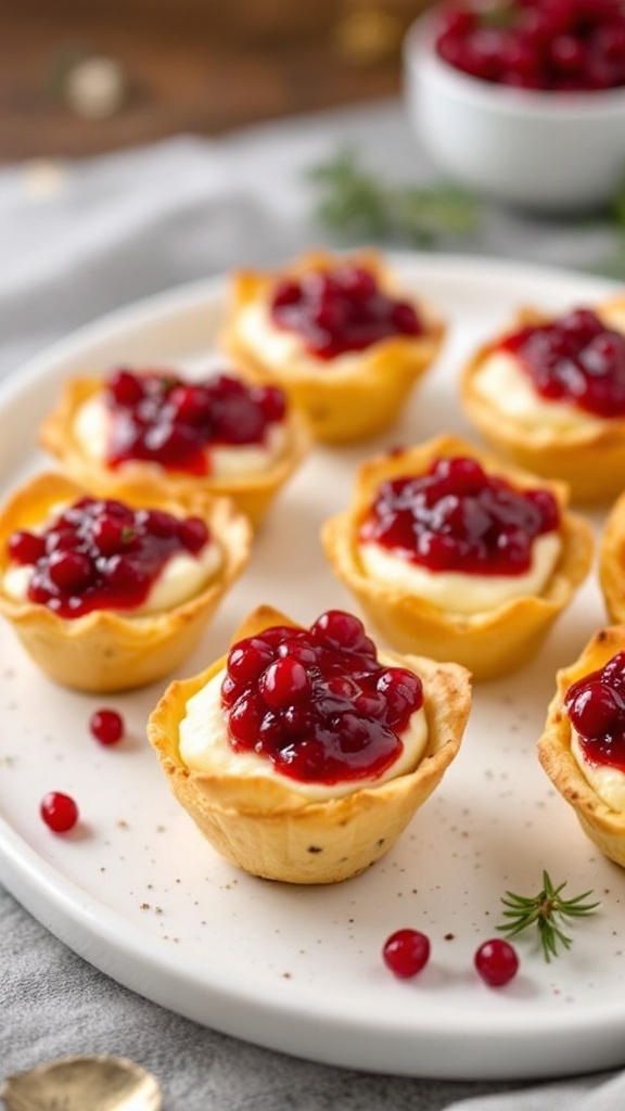 Mini cranberry brie bites on a plate, topped with cranberry sauce.