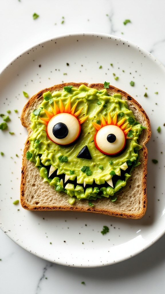 A fun and healthy monster avocado toast decorated with apple slices, olives, and cilantro.