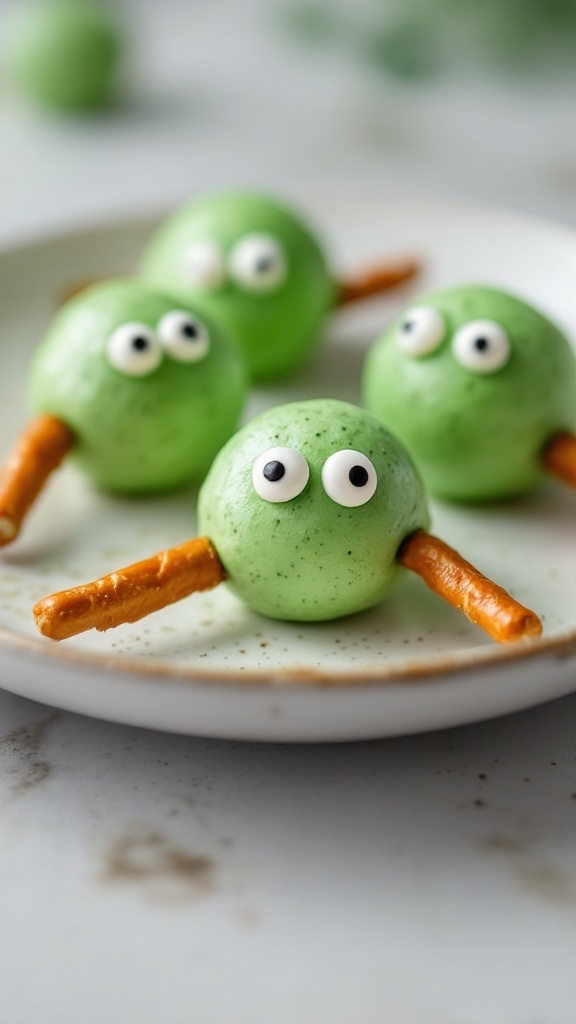 Fun green monster energy bites with pretzel arms and candy eyes