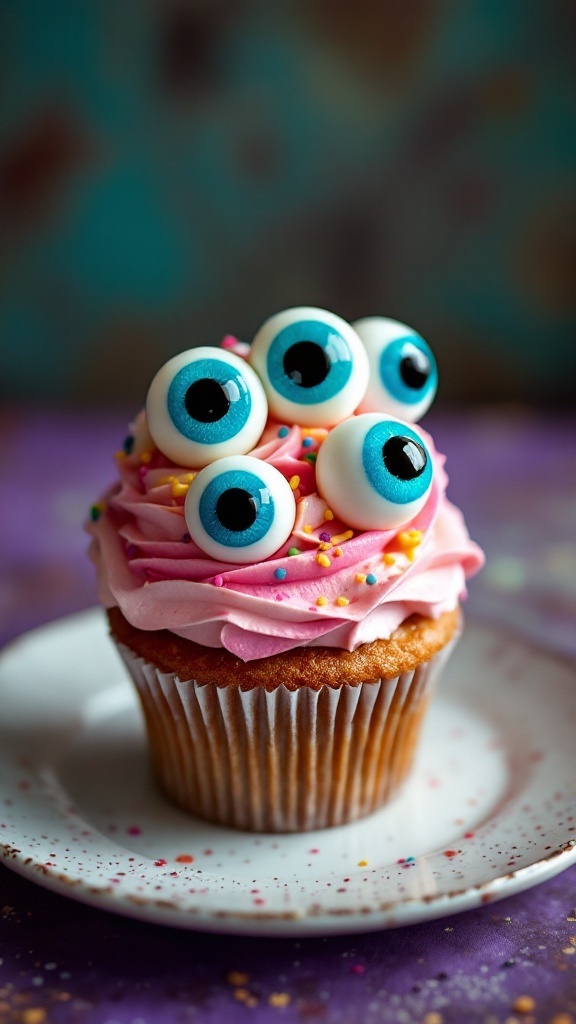 Cupcake decorated with pink frosting and candy eyeballs for Halloween