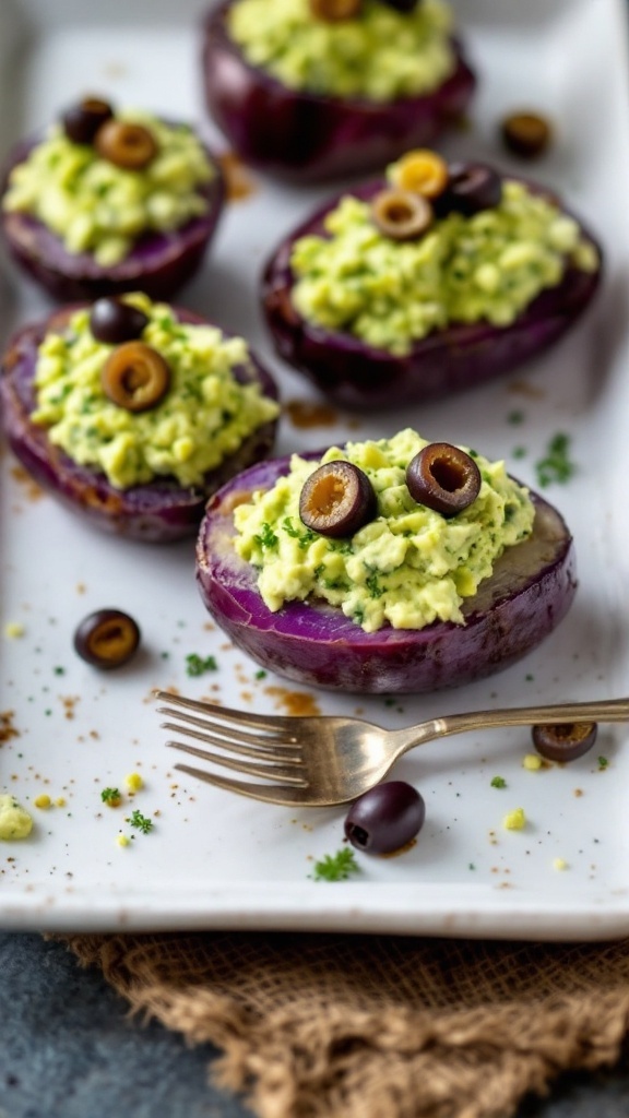 Monster Eye Deviled Potatoes decorated with black olives.