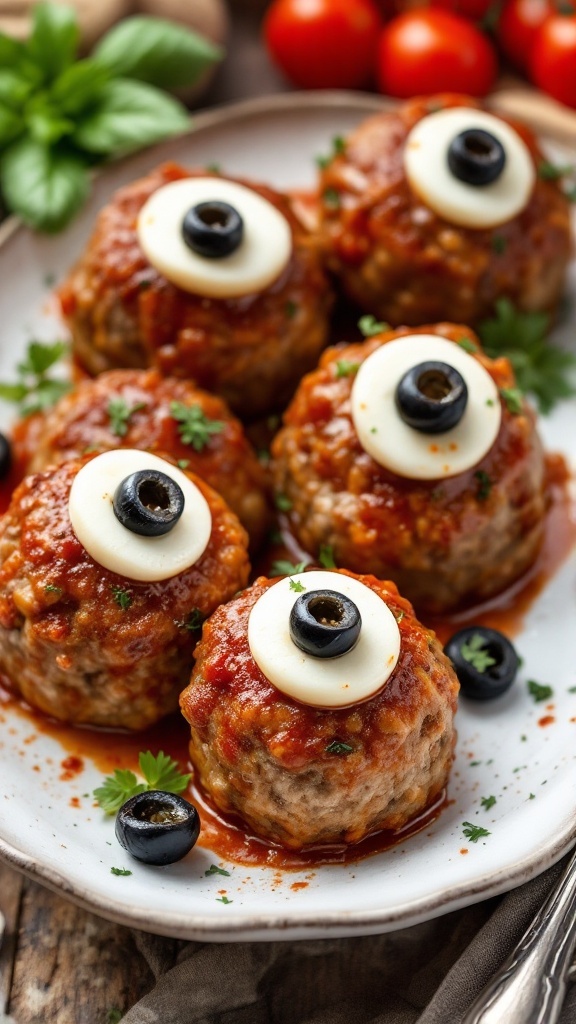 Delicious meatballs shaped with mozzarella and olives to look like monster eyes, perfect for Halloween parties.