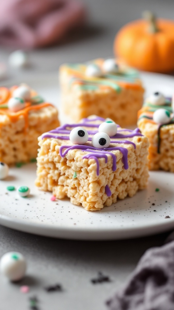 Colorful Monster Eye Rice Krispie Treats decorated with icing and candy eyes for Halloween