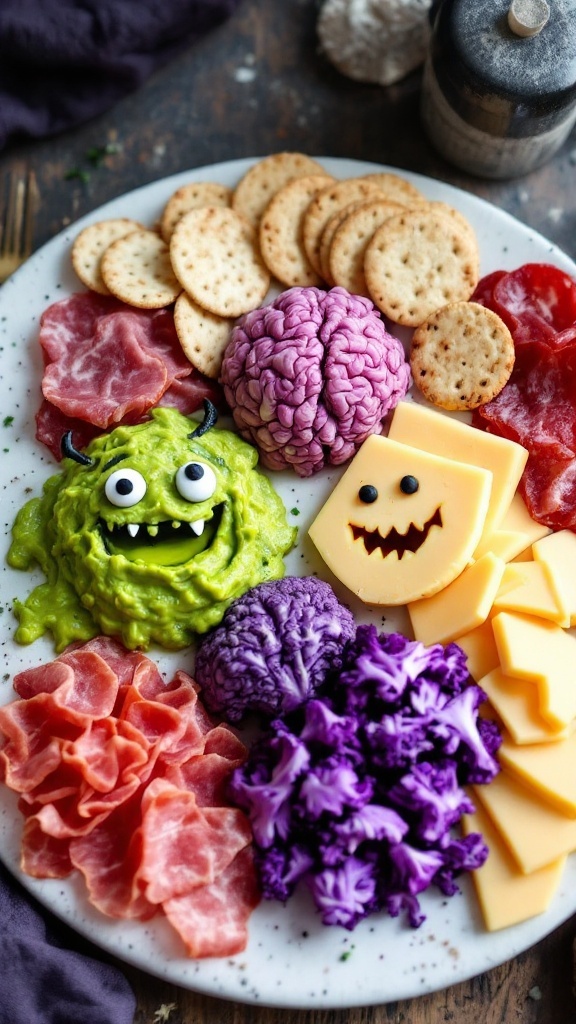 A colorful and festive Halloween charcuterie board featuring various snacks and dips.