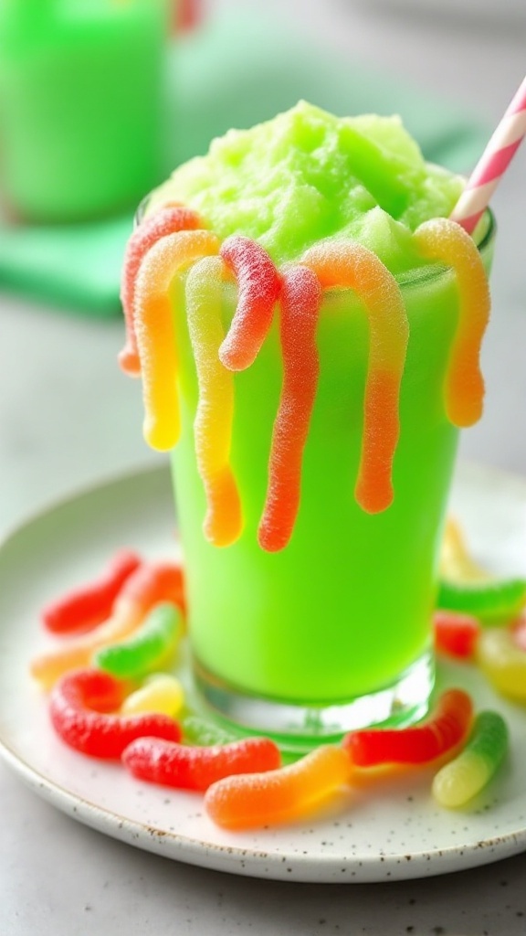 A vibrant green Monster Mash Slush garnished with gummy worms.