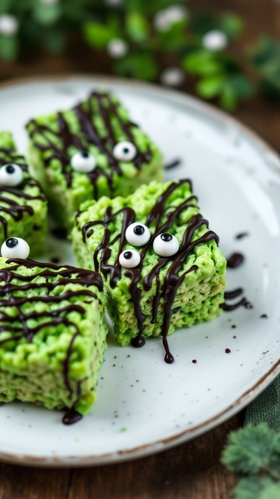 Green rice krispie treats decorated with chocolate and candy eyes, resembling monsters